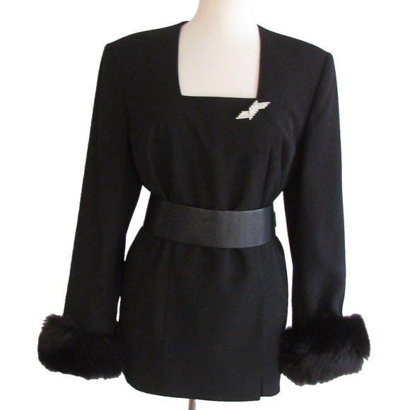 Vintage Designer Solini New York Black Square Neck Fox Fur Cuffs Jacket 16.R - Picture 2 of 16
